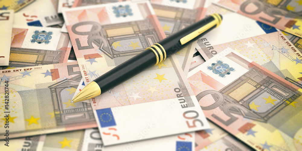 Pen on euro banknotes background. 3d illustration Pen on euro banknotes background. 3d illustration