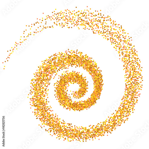 Gold luxury background. Abstract circular lighting dot as galaxy spiral. Golden grainy texture on white background. Design element. Abstract swirl form with dots. Tornado. Business swirl background