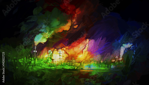 High coloured abstract showing night time lighting, flames and smoke from refinery with textured painted effect on dark background