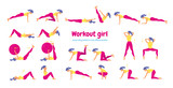 Woman in gym. Set of gym icons in flat style isolated on white b