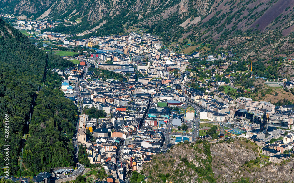 Cityscape of the city of Andorra la Vella from the mountain. Andorra principate, Europe.