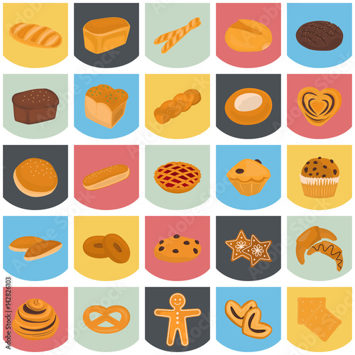 Set of bakery products color flat icon for web and mobile design