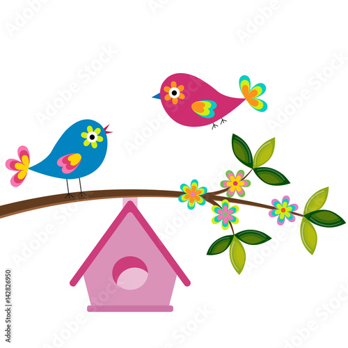 birds on a branch with a birdhouse