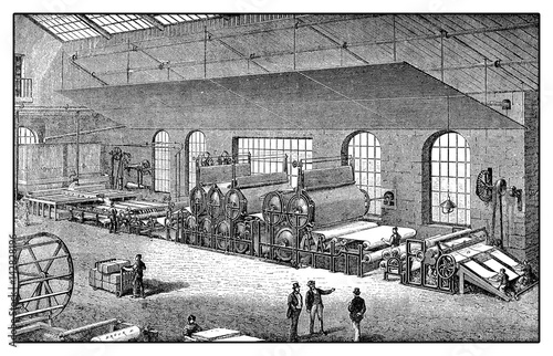 Cylinder type papermaking machine for paper production, XIX century engraving photo