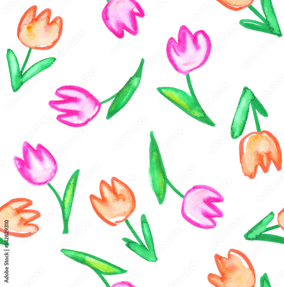 Obraz premium Seamless pattern with simple abstract orange and white tulips painted in watercolor on white isolated background