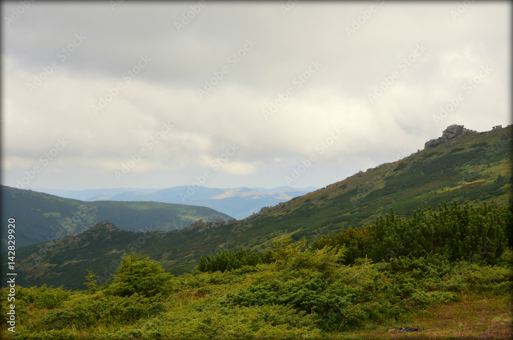 Fototapeta premium Summer landscape in mountains and the dark blue sky with clouds