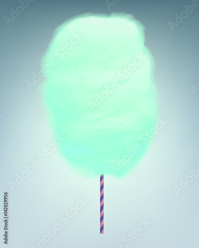 Mint green cotton candy. Realistic sugar cloud with striped stick. Vector isolated object illustration.