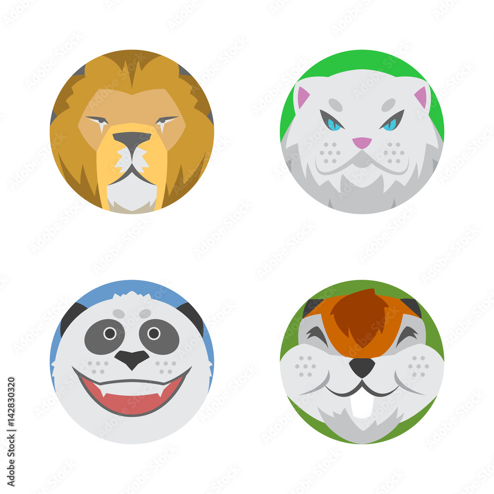 Cute animals emotions icons isolated fun set face happy character emoji comic adorable pet and expression smile collection wild avatar vector illustration. Cute animals emotions icons isolated fun set face happy character emoji comic adorable pet and expression smile collection wild avatar vector illustration.