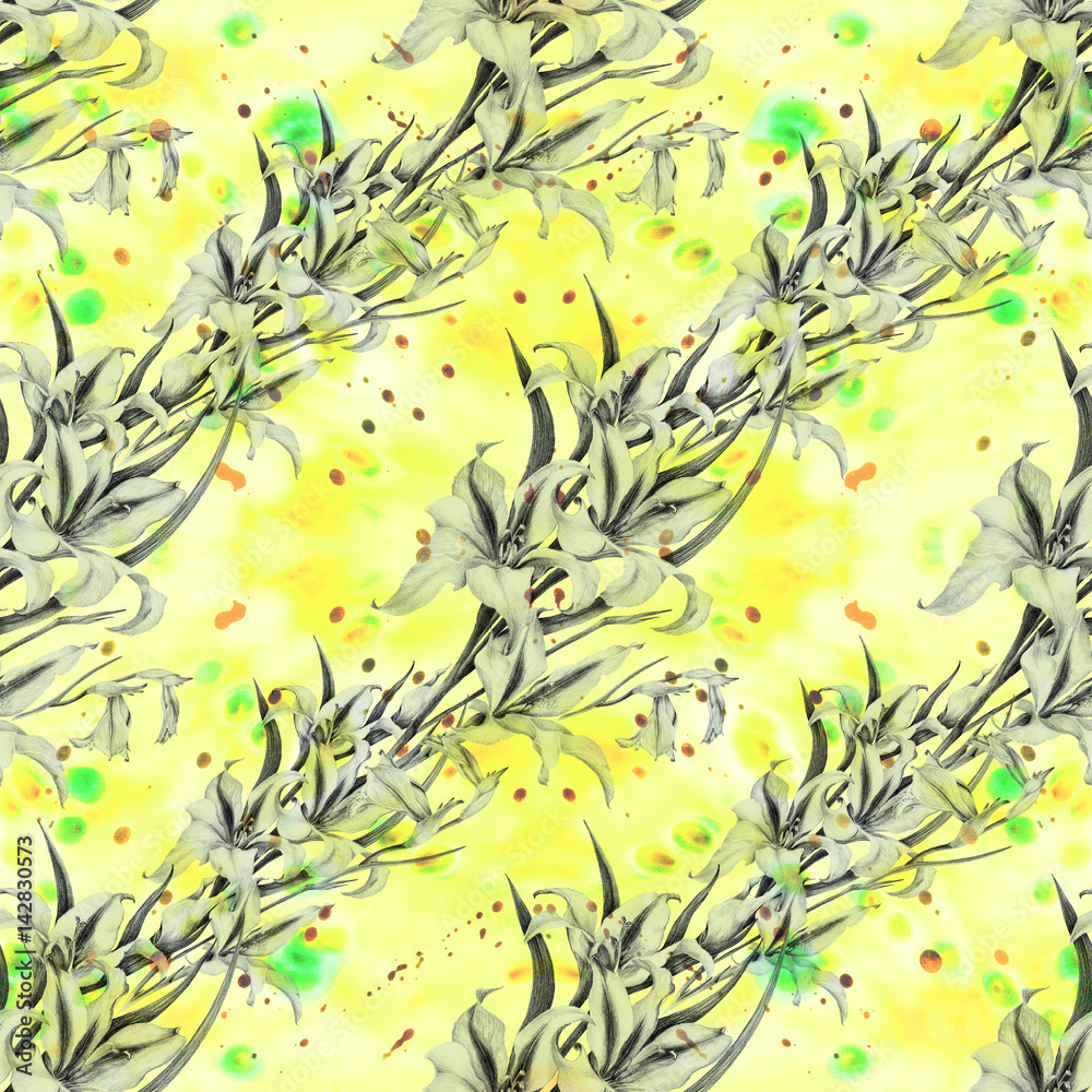 Gladiolus - a branch with flowers and buds. Watercolor background