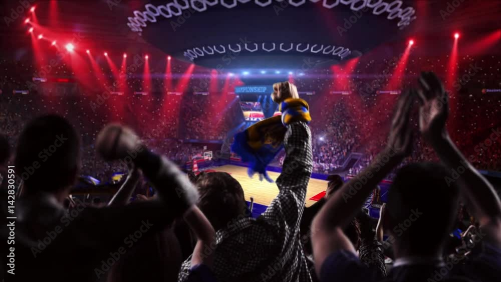 Fans on basketball court in game video
