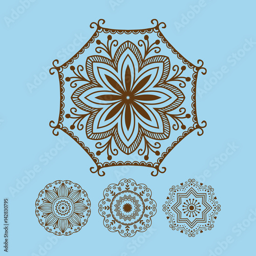 Henna tattoo brown mehndi flower template doodle ornamental lace decorative e...