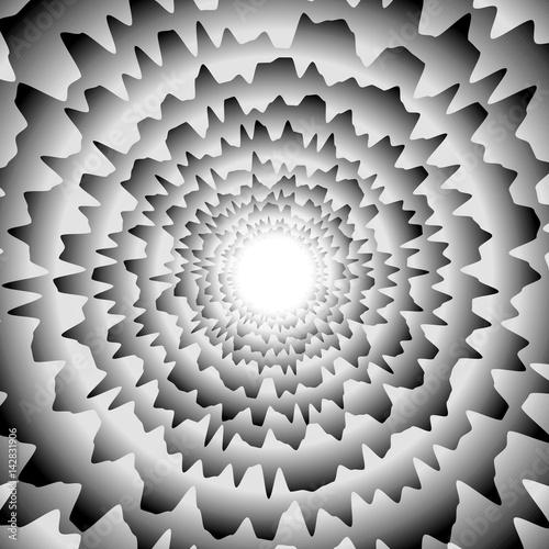 Optical illusion grayscale background vector illustration. Warp drive tunnel, hyperspace wormhole or supernova blast. Radial wavy edges grayscale gradient abstract concept with illusion effect.