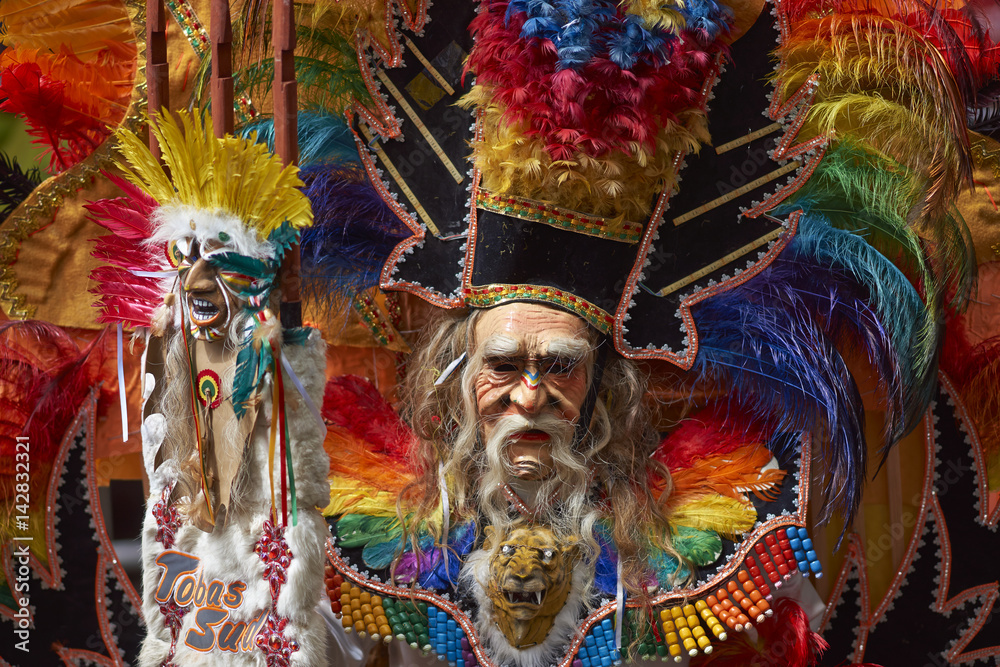 Tobas dancers in colourful costumes performing at the annual Oruro Carnival. The event is designated by UNESCO as being Intangible Cultural Heritage of Humanity.