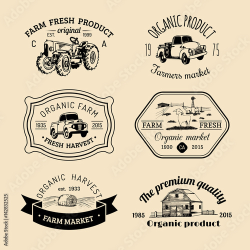 Vector retro set of farm fresh logotypes. Vintage labels with hand sketched agricultural equipment illustrations.
