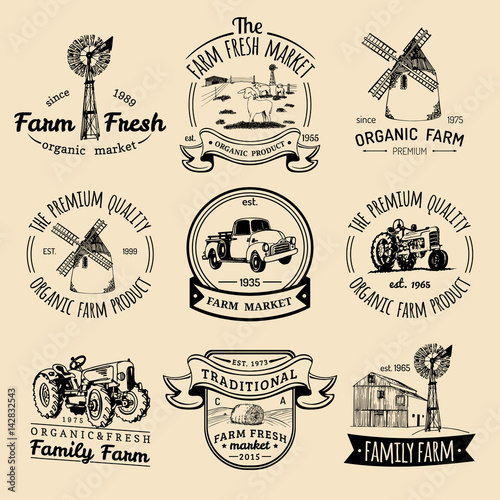 Vector retro set of farm fresh logotypes. Vintage labels with hand sketched agricultural equipment illustrations.