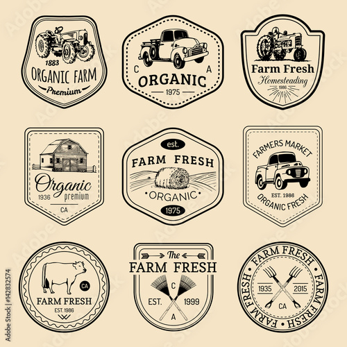Vector retro set of farm fresh logotypes. Vintage labels with hand sketched agricultural equipment illustrations.