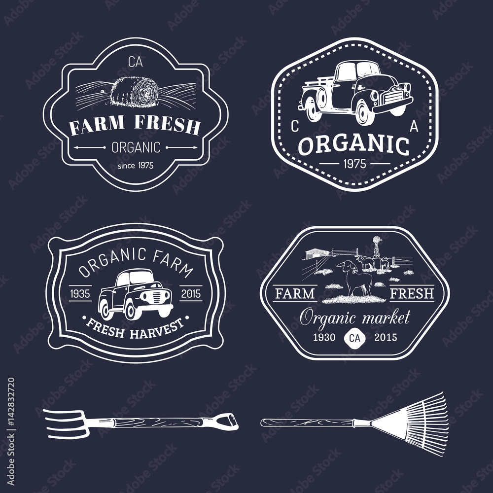Vector retro set of farm fresh logotypes. Vintage labels with hand sketched agricultural equipment illustrations.