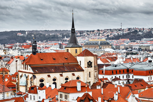 houses with red roof is a famous landmark of the Prague, aerial view from above
