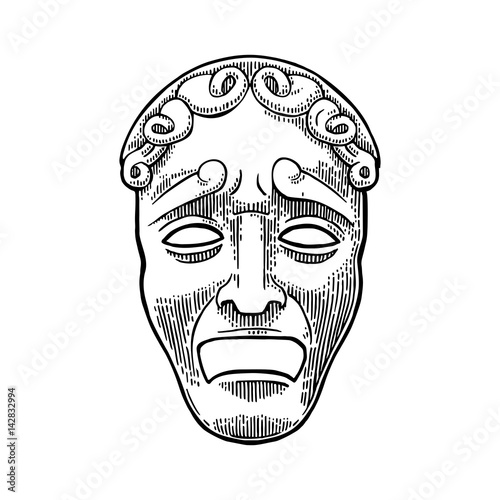 Tragedy theater mask . Vector engraving vintage black illustration