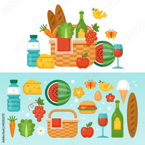 Summer picnic concept with basket, food and fruits. Vector illustration