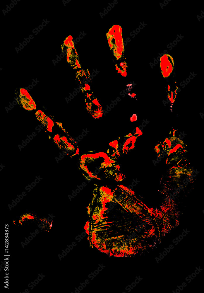 Red handprint on black background Stock Photo | Adobe Stock