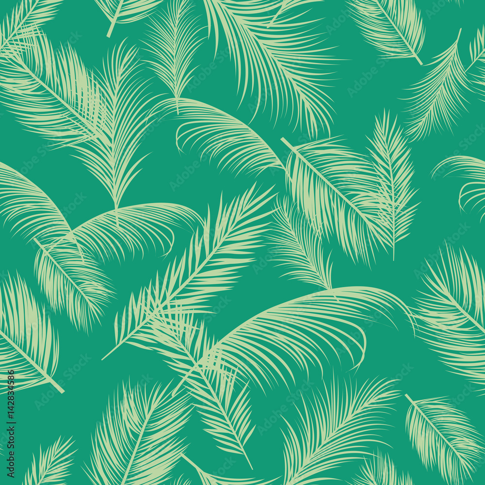 Vector beach seamless pattern with tropical palm tree leaves. Background with tree palm, illustration of exotic jungle tree.