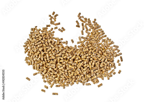 Pile of compound feed pellets isolated on white background