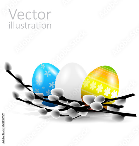 Vector illustration of twigs Of Pussy Willow and Easter Eggs