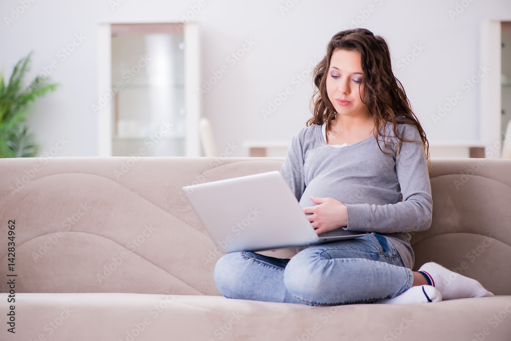 Pregnant woman working on laptop sitting on sofa Pregnant woman working on laptop sitting on sofa