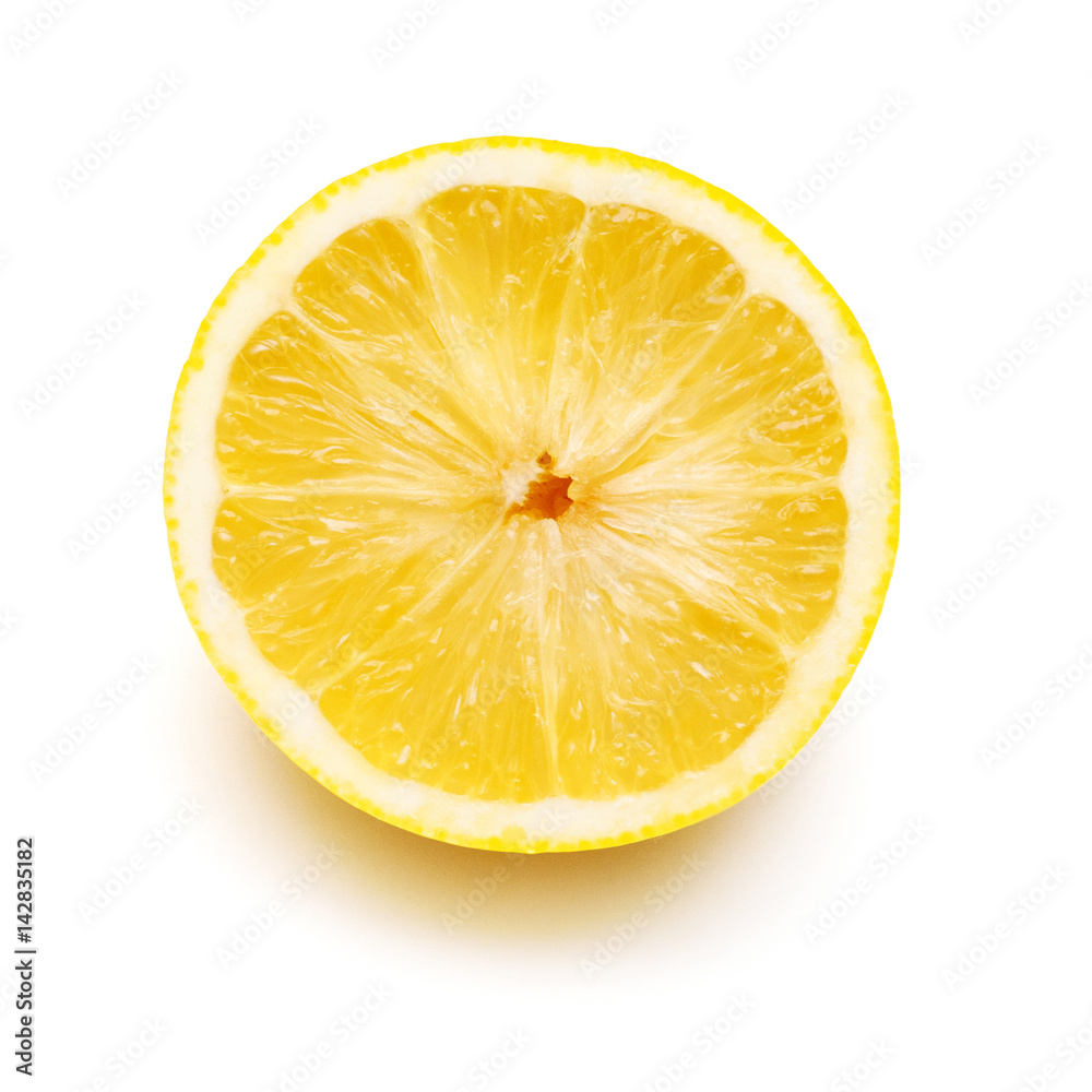 The half lemon isolated on white background. Tropical fruit. Flat lay, top view The half lemon isolated on white background. Tropical fruit. Flat lay, top view