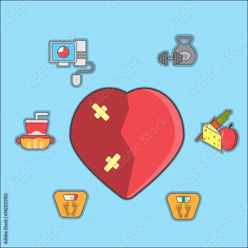 Healthy and unhealthy lifestyle,Heart and factors affecting the condition of health,Harmful street food, healthy vegetables and fruits,Long staying at the computer and sports,Overweight and obesity