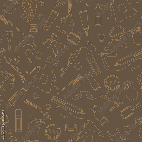 Seamless pattern on the theme of the Barber shop, the tools and accessories of the hairdresser, beige contours on brown background
