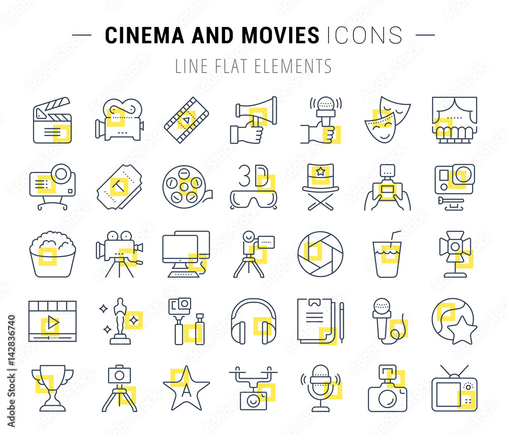 Naklejka premium Set Vector Flat Line Icons Cinema and Movies