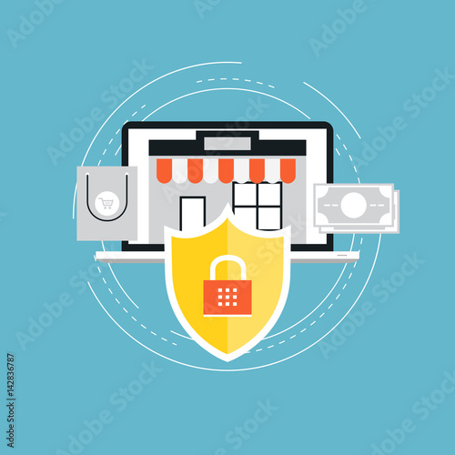 Secure money transactions flat vector illustration design. Secure online payments, online shopping safety. Safe online money transfers. Icon design for web banners and apps