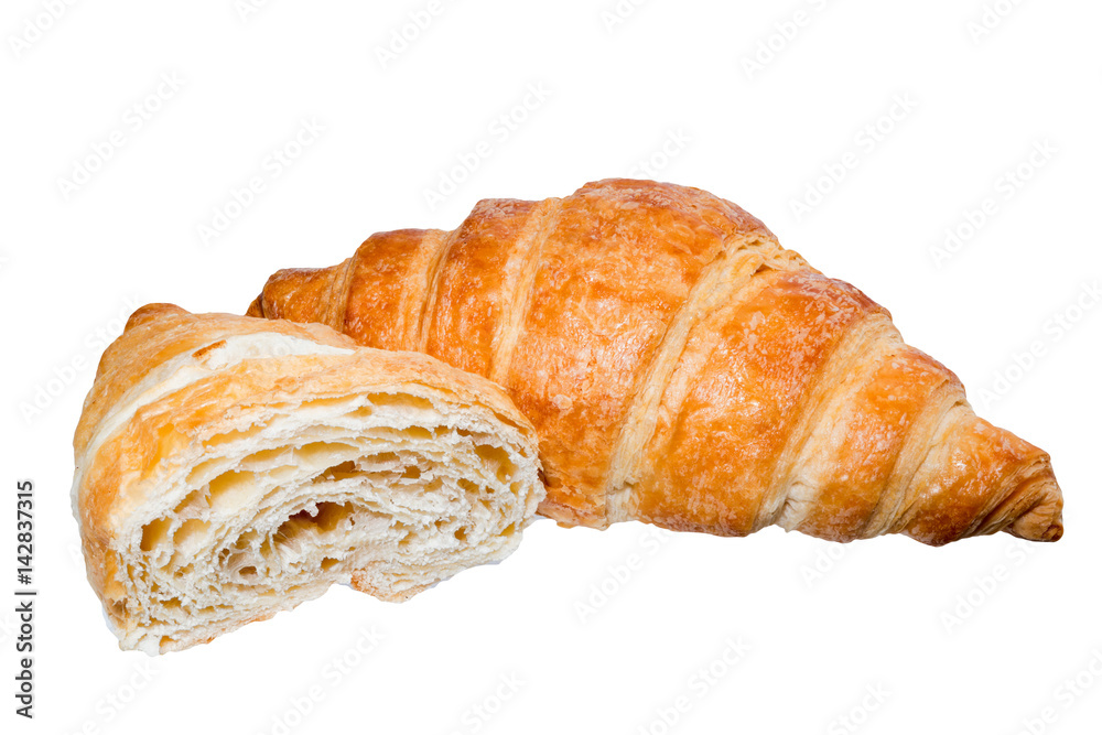 Cut close two croissant isolated on white background