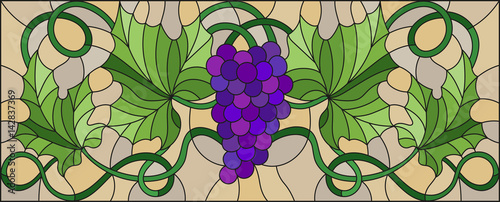 The illustration in stained glass style painting with a bunch of red grapes and leaves on brown background,horizontal orientation