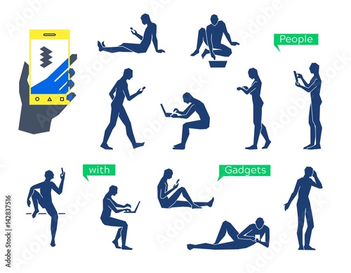 People using gadgets. Simple straight line human manikin silhouettes. People online social networking