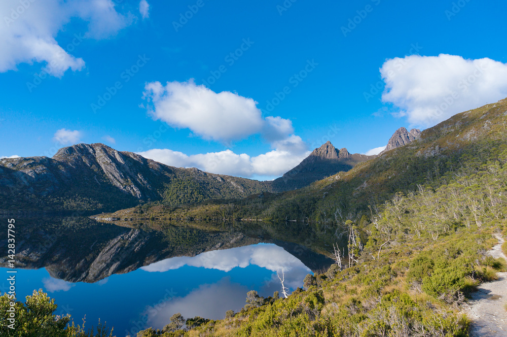 Mountain landscape with lake and hiking path