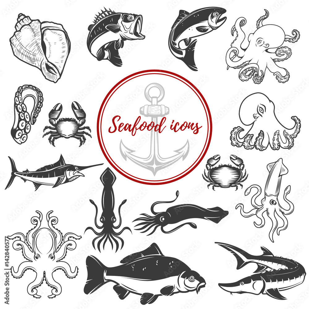 Fototapeta premium Set of seafood icons isolated on white background. Octopus, crabs,carp, trout. Design elements for logo, label, emblem, sign, brand mark. Vector illustration.