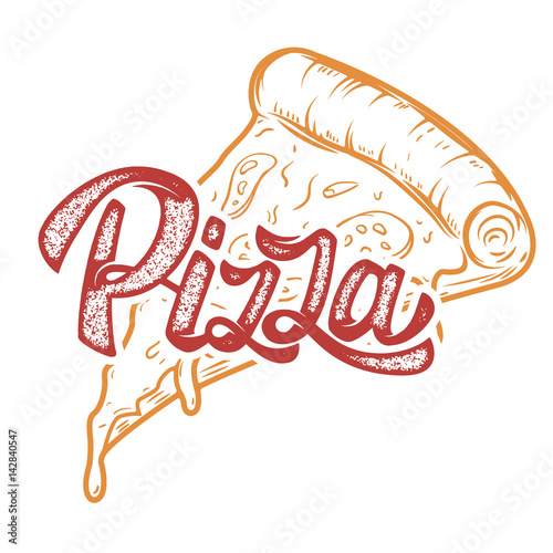 Pizza hand written lettering logo, label, badge. Emblem for fast food restaurant, cafe. Isolated on white background. Vector illustration.