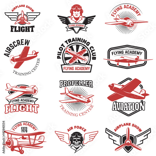 Set of air force, airplane show, flying academy emblems. Vintage planes. Design elements for logo, badge, label. Vector illustration.
