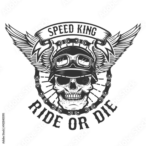 Racer skull with wings. Biker power. Ride or die. Design element for poster, t-shirt, emblem. Vector illustration