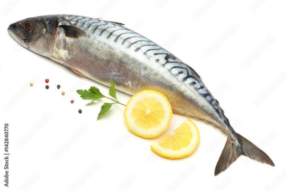 atlantic mackerel fish with lemon isolated on white background