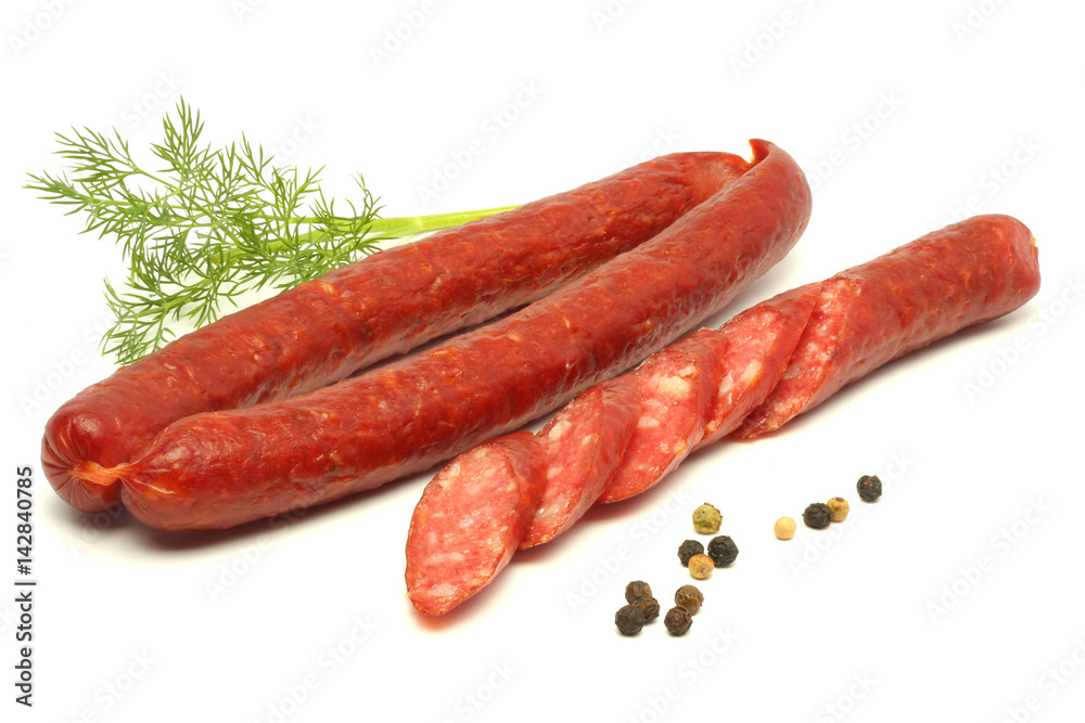 sliced red salami isolated on white background sliced red salami isolated on white background