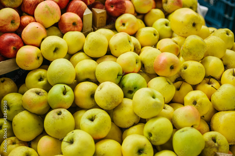 Fresh apples. Natural local products on the farm market. Harvesting. Seasonal products. Food.