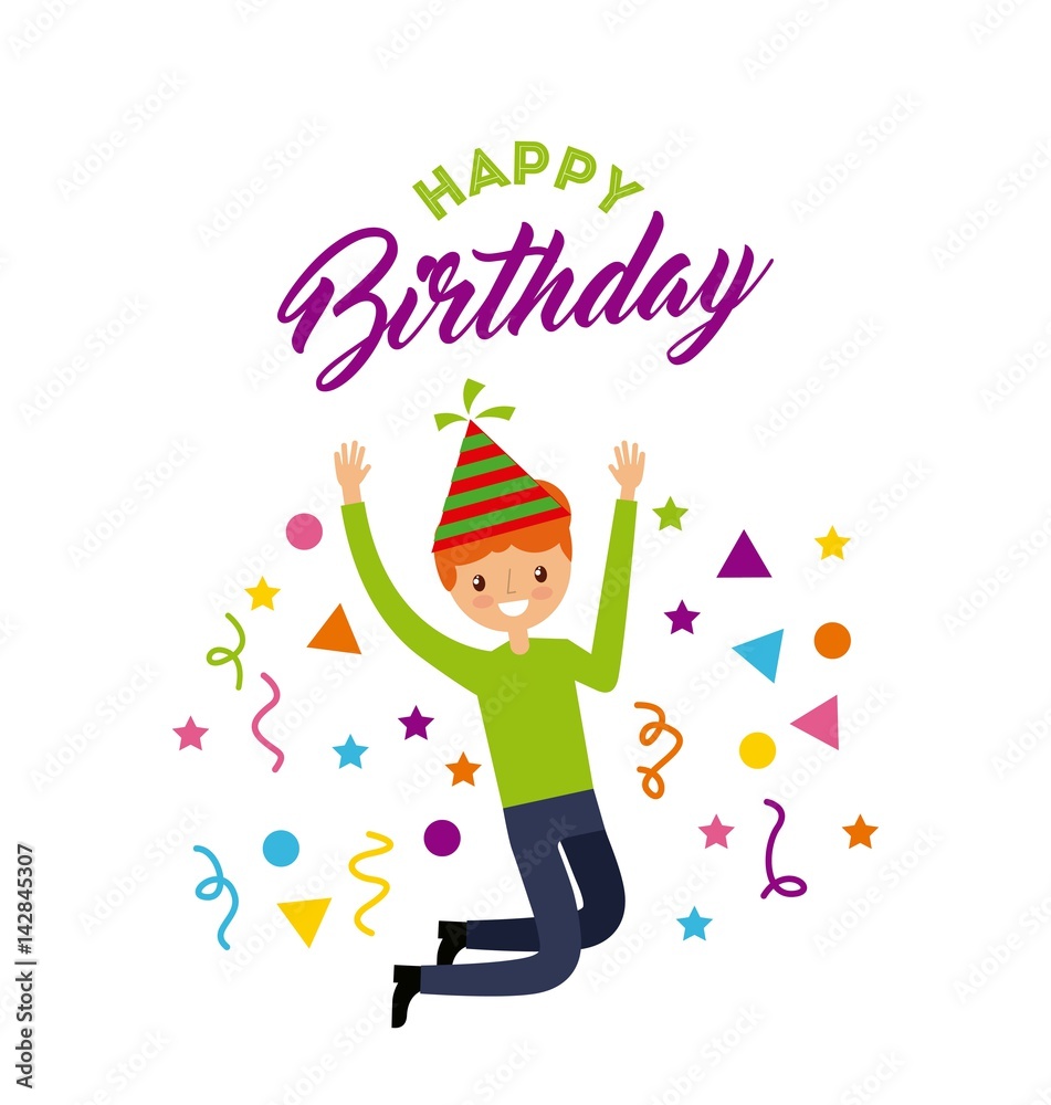 happy birthday card with boy wearing a party hat over white background. colorful design. vector illustration happy birthday card with boy wearing a party hat over white background. colorful design. vector illustration