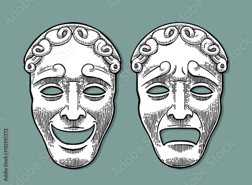 Comedy and tragedy theater masks. Vector engraving vintage black illustration
