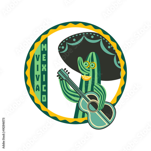Mexican poster concept. Freehand drawn cartoon style. Viva Mexica fancy letters in round frame. Green Cactus, guitar, sombrero traditional symbol of Mexico. Vectorsign element badge background