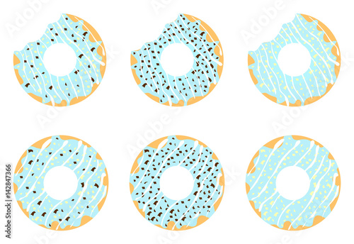 vector set of donuts with blue icing and white and dark chocolate crumbs