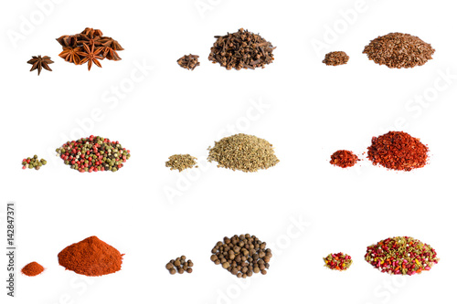 Spice isolated on white background. Collage